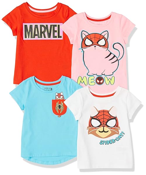 Amazon Essentials Disney | Marvel | Star Wars | Frozen | Princess Toddler Girls' Short-Sleeve T-Shirts, Pack of 4, Marvel Spider-cat, 3T
