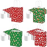 AmazingSpark 100 Pcs Small Christmas Kraft Gift Bags with Handles Xmas Paper Goody Bags Bulk 5.91x3.15x8.27inch Candy Treat Bag for Xmas New Year Holiday Party Decor, 4 Styles (Happy Christmas)