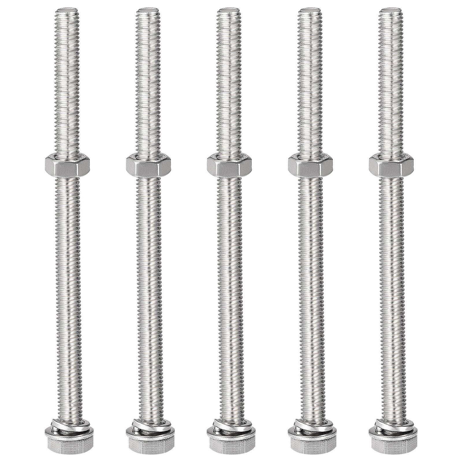 TOP-VIGOR 5Pcs M8 x 130mm Hex Head Screws Bolts, Nuts, Flat & Lock Washers Kits, 304 Stainless Steel Fully Thread Hexagon Bolts for DIY Bike Motorcycles Repair