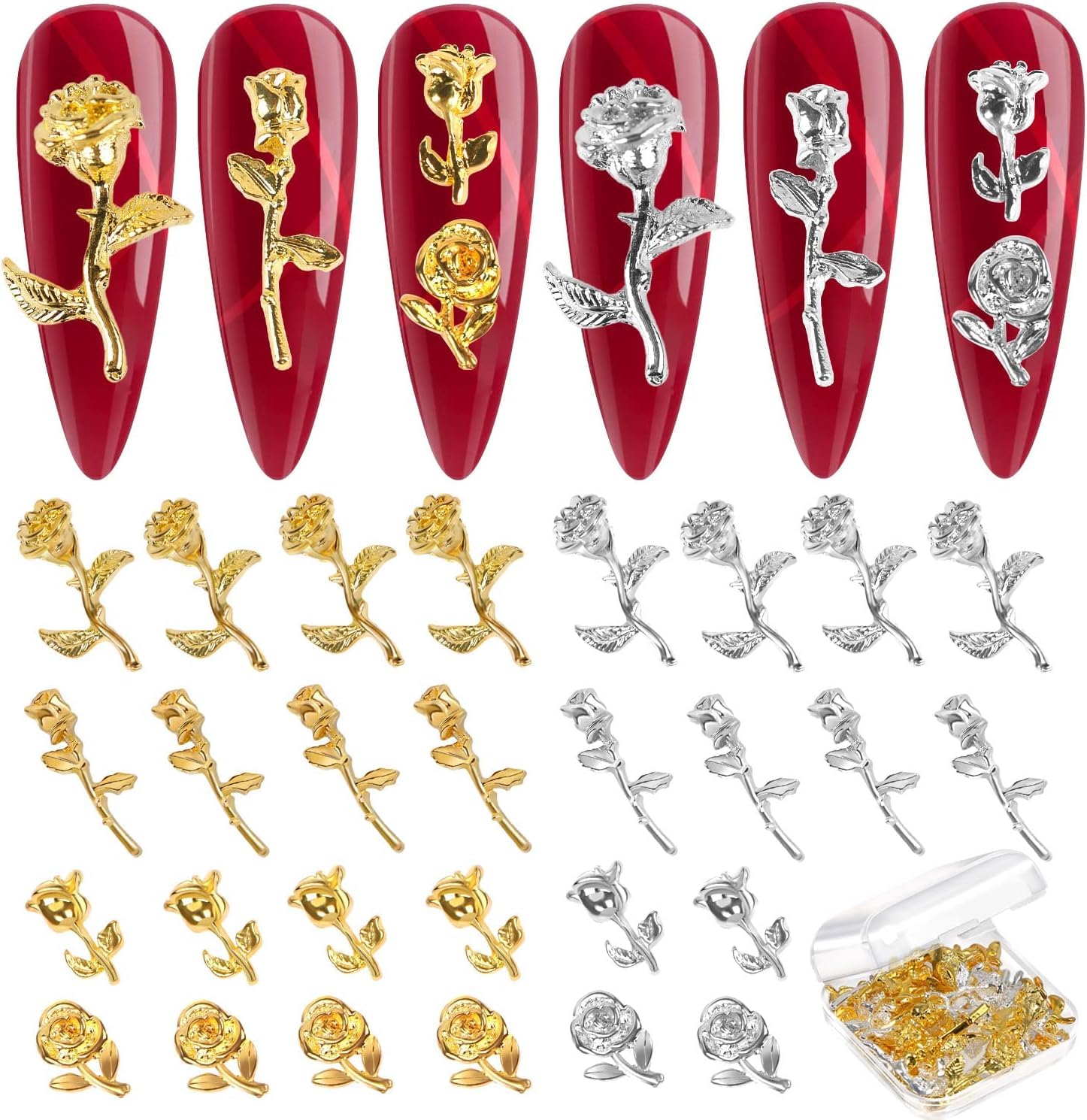Rose Nail Charms, 50PCS 3D Gold Silver Flower Rose Golden Metallic Mini Alloy Nail Art Decals DIY Nail Accessories for Women Girls (Gold & Silver)