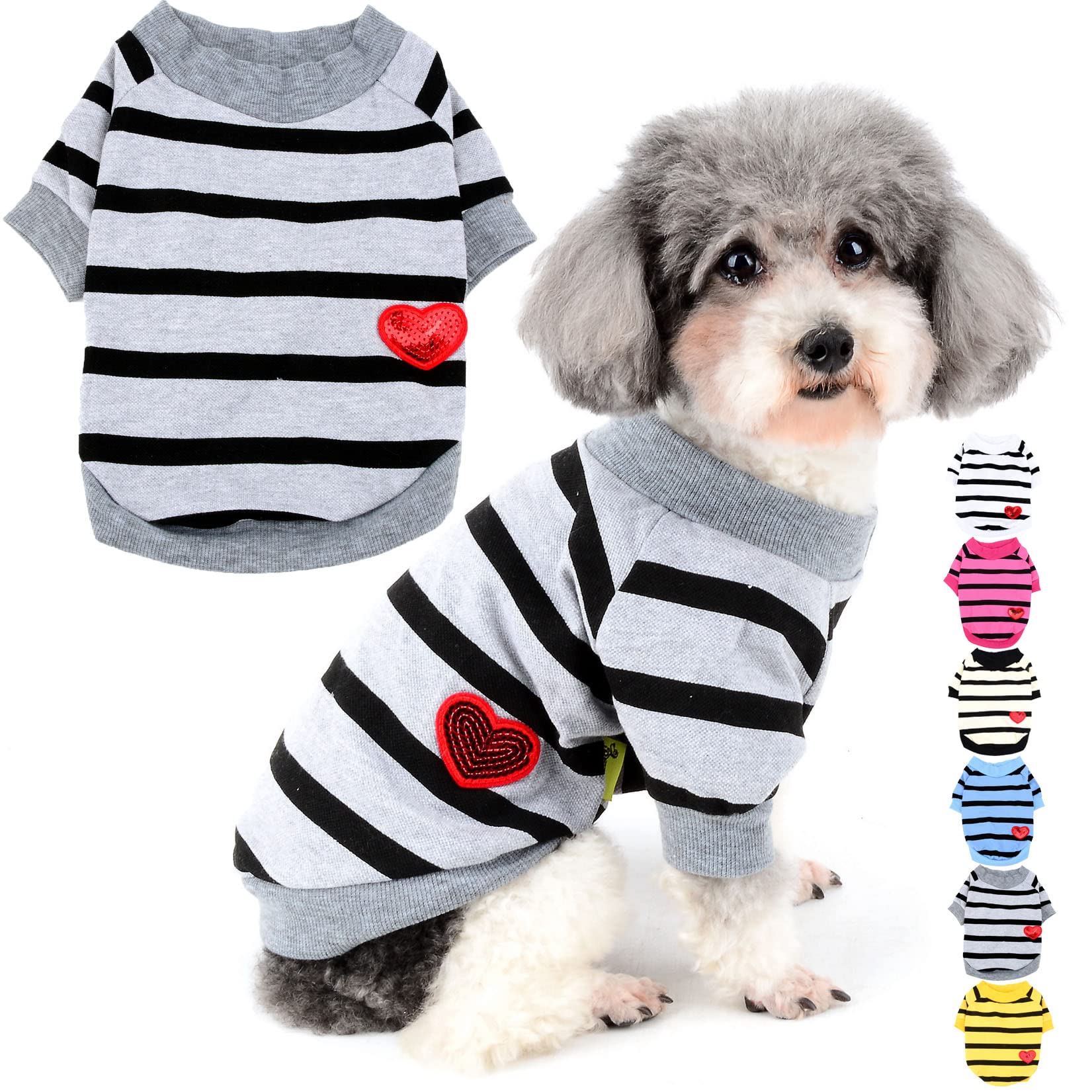 Zunea Dog Shirts for Small Dogs Summer Basic T-Shirt Striped Puppy Clothes Sequins Love Heart Sweatshirt Soft Cotton Short Sleeve Tee Shirt Pet Clothing Pullover Chihuahua Apparel Gray L