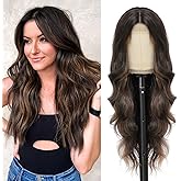 NAYOO Long Wavy Wigs for Women Middle Part Dark Brown Mixed Highlight Wig Synthetic Heat Resistant Fiber Women Wigs for Daily Party Use 26 Inch (Dark Brown Mixed Highlight)