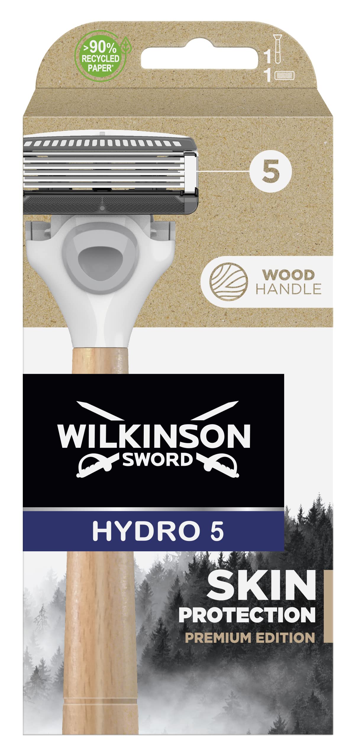 Wilkinson Sword - Hydro 5 Skin Protection Premium Edition Razor - 5-blade razor - Pack with 1 wooden handle and 1 head