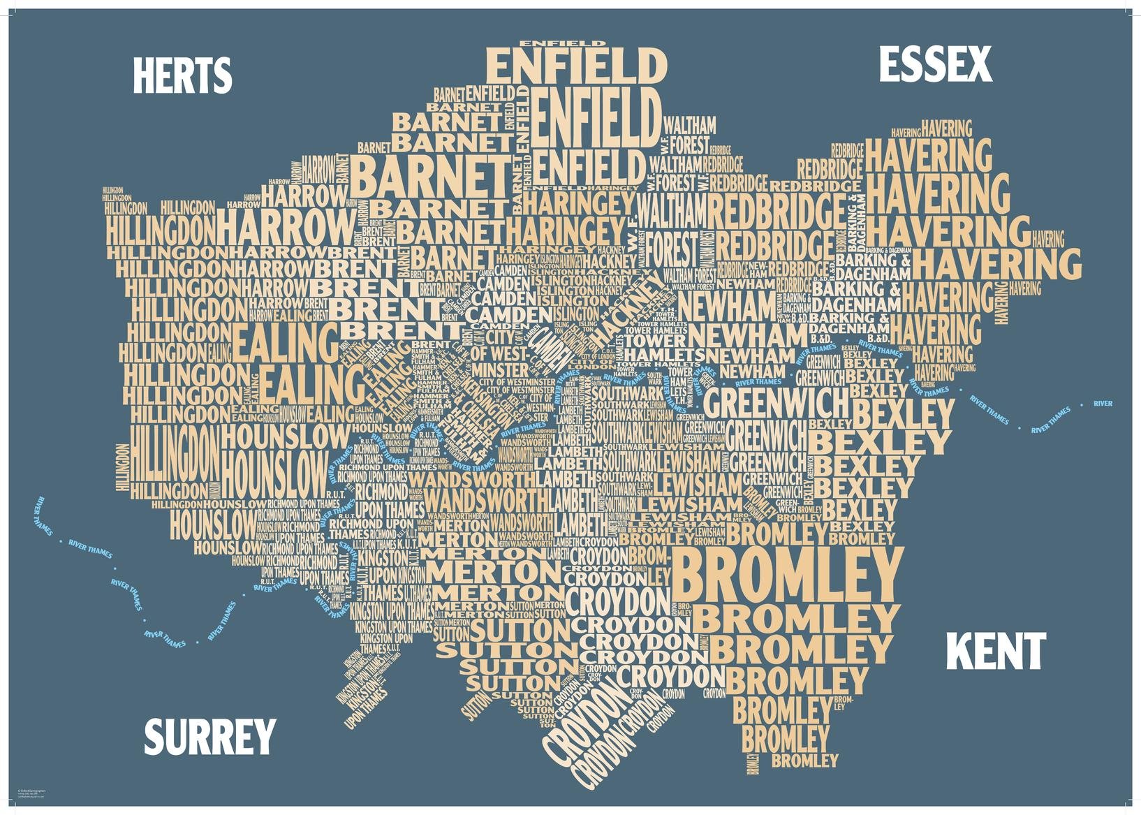 Graphic Map London - boroughs, beige background - 33.25" x 23.5" Laminated