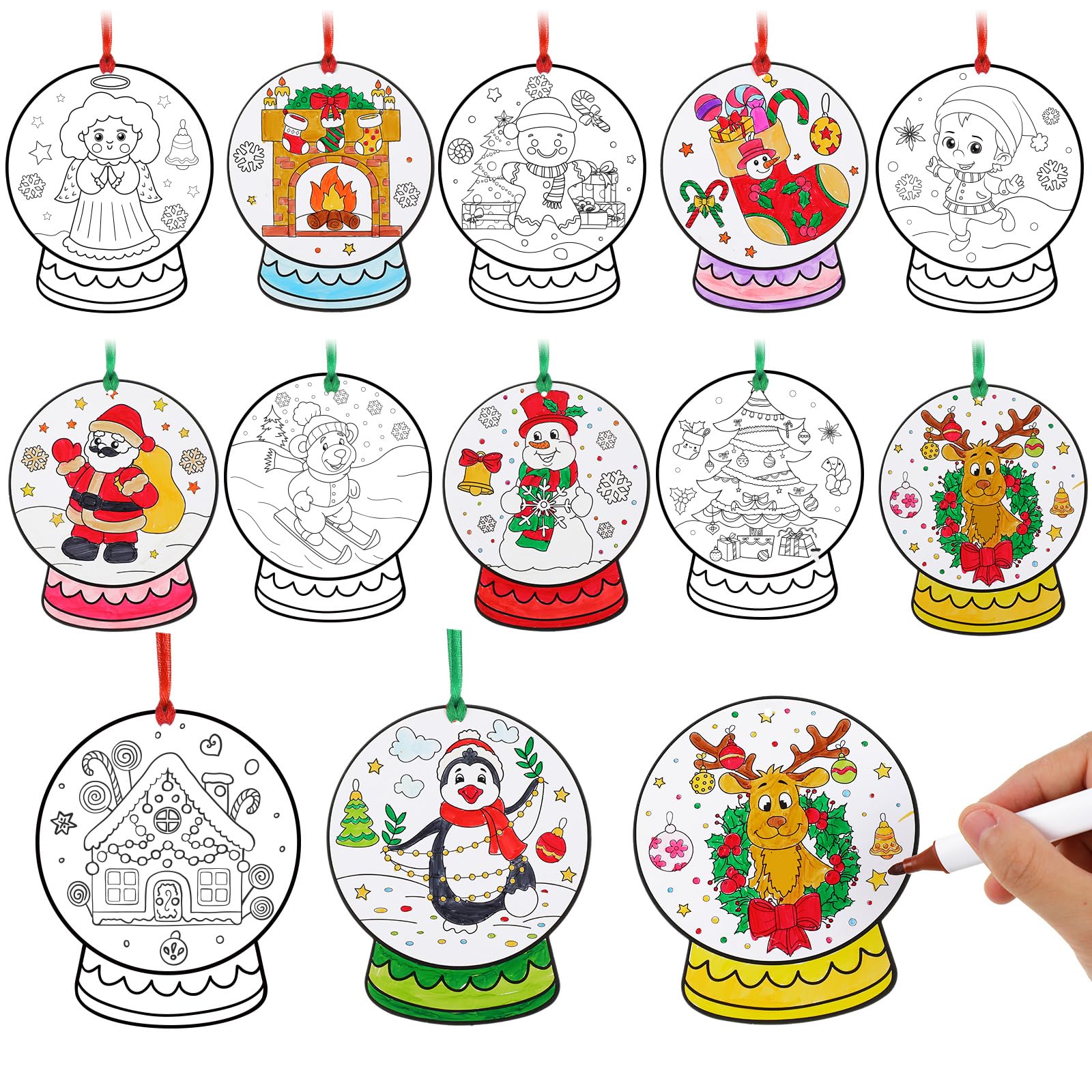 Photo 1 of **PARTIAL SET/ ONLY 1 TEDDY BEAR*** Humyoun 36 Pack Coloring Christmas Craft Kit Snow Globe Paper Cutouts Ornament Color Your Own Hanging Craft DIY Snowman Gingerbread Penguin Angel for Home Xmas Tree Activity Party Favor