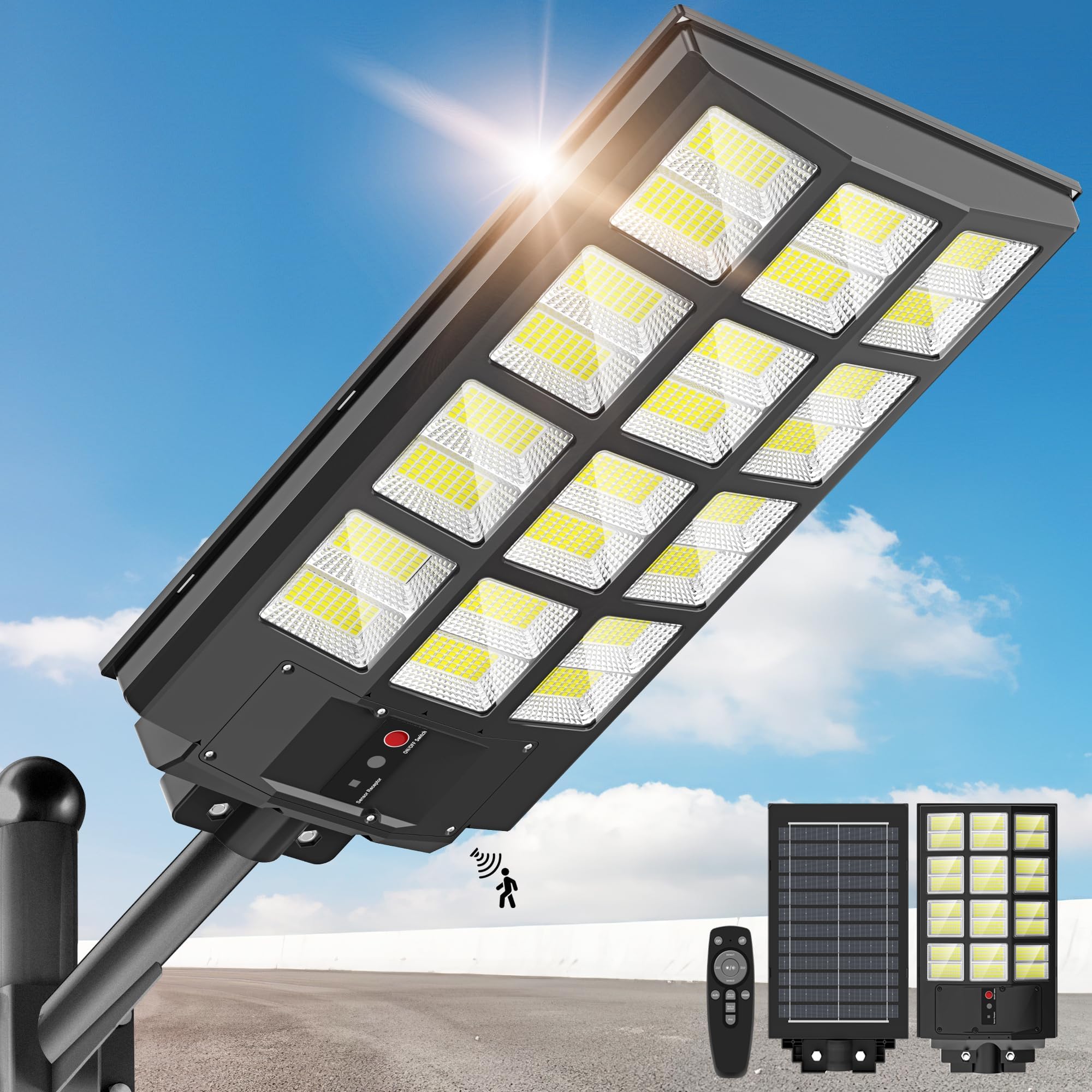Photo 1 of 5000W Solar Street Lights Outdoor - 6500K Wide Angle Solar Lights Outdoor Waterproof, LED Security Flood Light Motion Sensor, Commercial Parking Lot Light Dusk to Dawn for Yard Outside