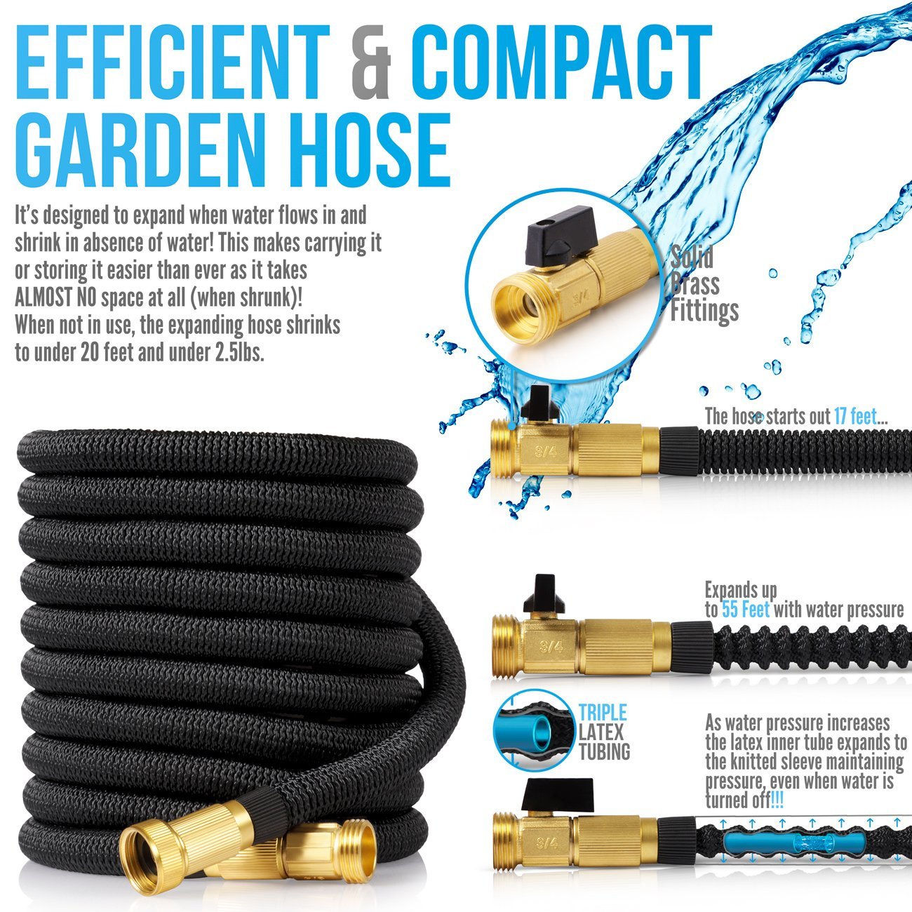 50ft Expandable Garden Hose Made of Triple Natural Latex Set + Free Bonuses