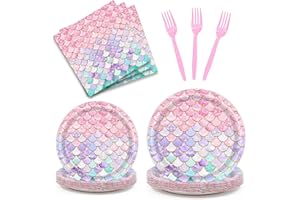 Dixutzi 96 Pcs Mermaid Birthday Party Decorations, Mermaid Party Supplies Including Paper Plate, Napkin and Fork, Ocean Theme Decor Tableware Set for Girls Kids Birthday, Serves 24