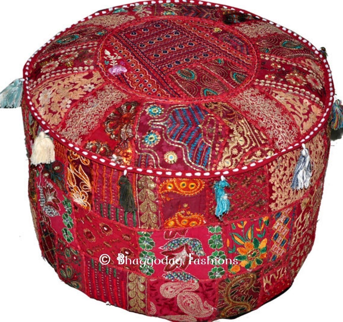 Kala Emporium Indian Round Patch Work Embroidered Ottoman Pouf, Indian Round Ottoman Stool Pouf Pillow Patterned Cocktail Vintage Hassock Pouffe, Cotton Handmade Ottoman Pouf, 18x13 Inch