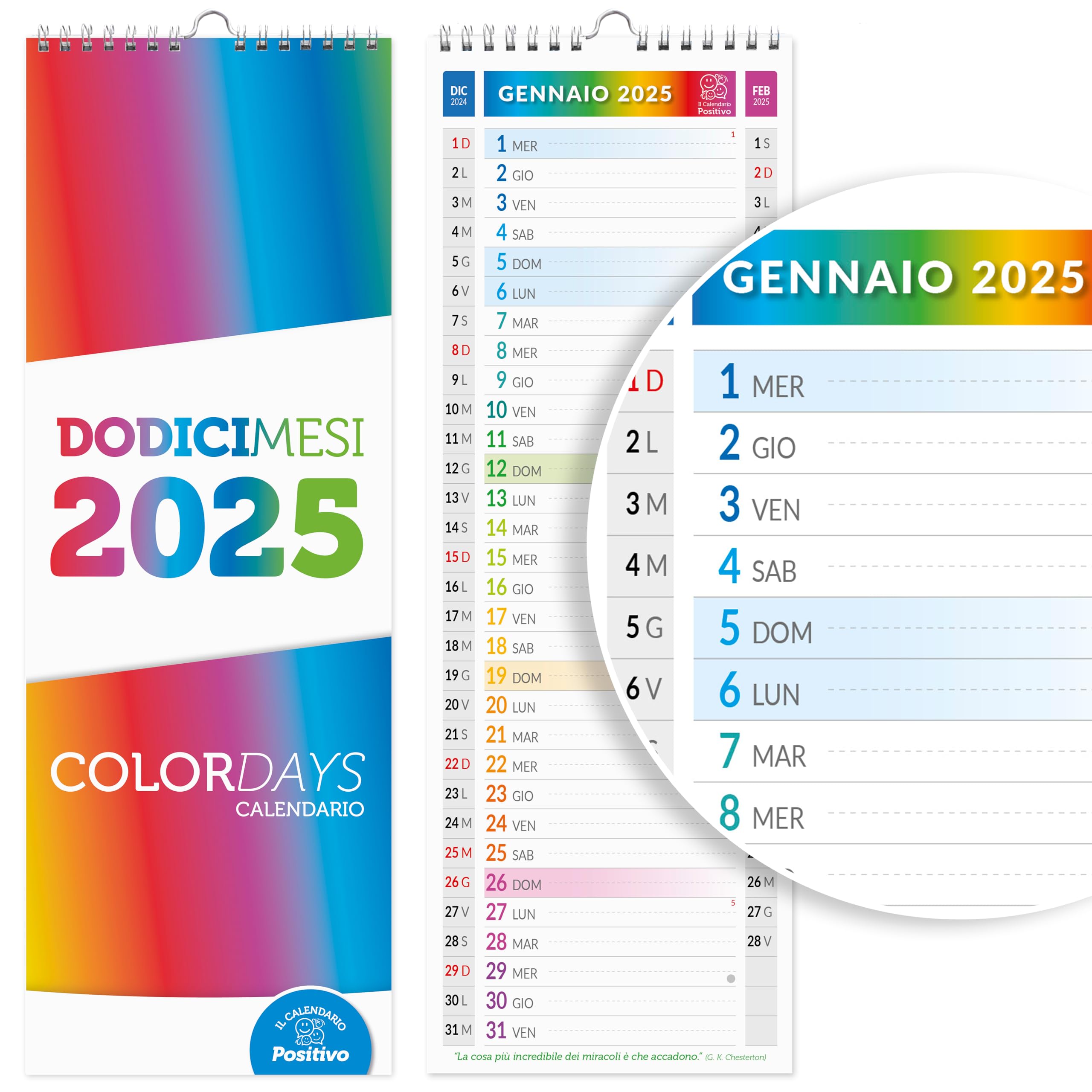 Slim Colour Dutch Wall Calendar 2025 | Narrow - Takes up little space - Uncoated Paper Ideal for Marking Appointments and Commitments | Dimensions 15 x 42 | 16 Sides | Positive