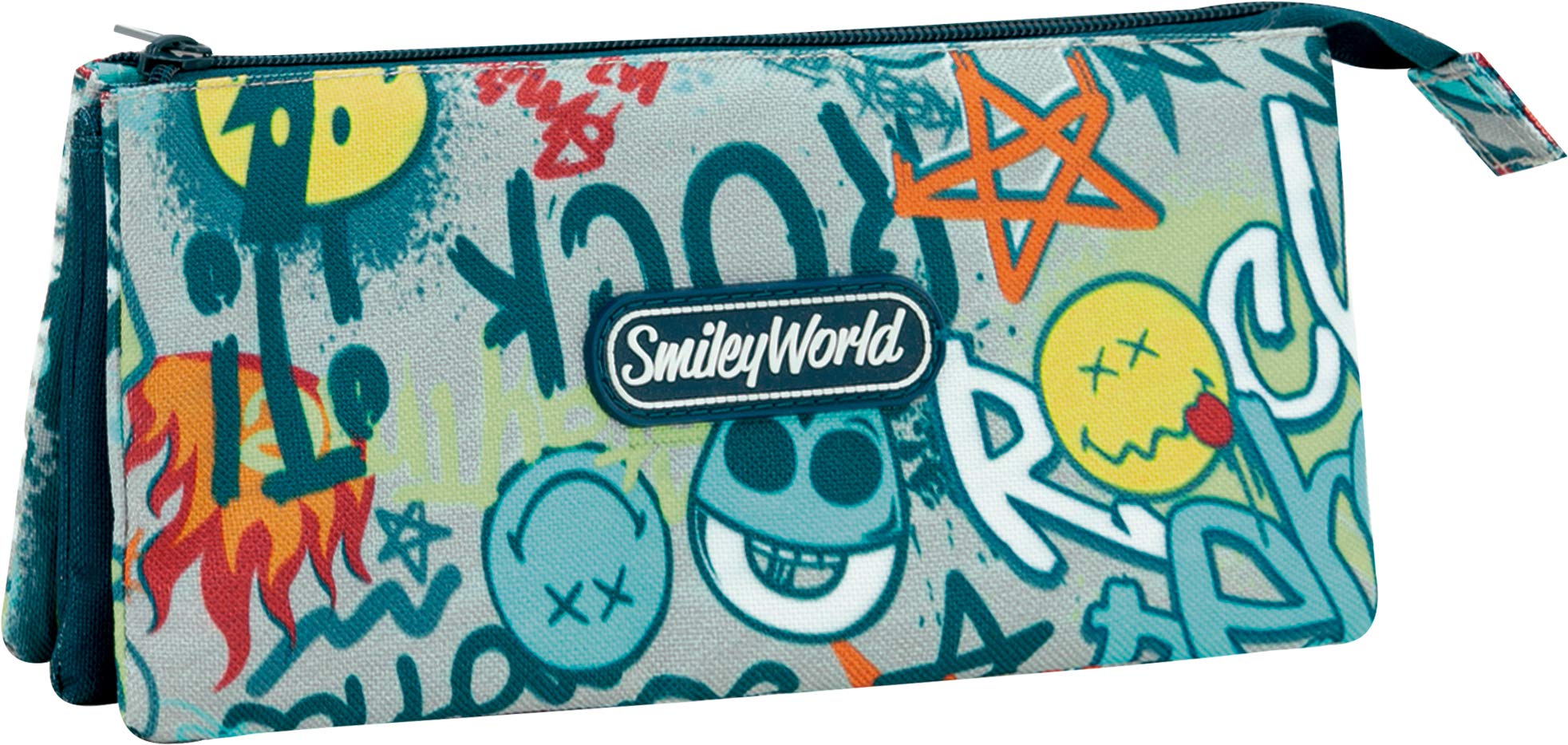 OFITURIA Smiley Rebel School Organiser Pencil Case, Three Compartments, Large Capacity with Lock System with Thick Metal Zip – Measures 23 x 11 x 5 cm
