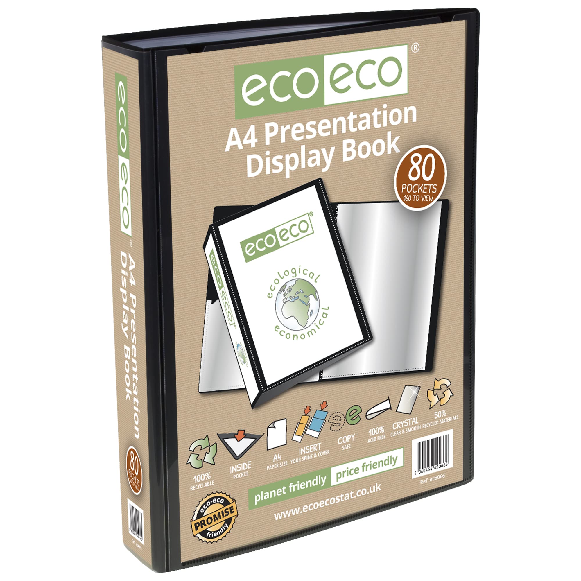 eco-eco A4 Size 50% Recycled 80 Pocket Black Presentation Display Book, Storage Case Portfolio Art Folder with Plastic Sleeves