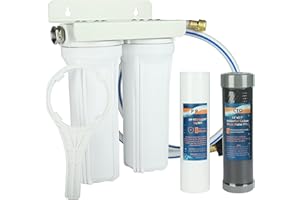Mooncea Premier RV Water Filter System - 2 Stage with Hose Fitting,3/4" Lead-Free 304 Adapters, Reduces Chlorine, Bad Odors, Sediment, Compatible with RVs, Boats, Washing & Showering