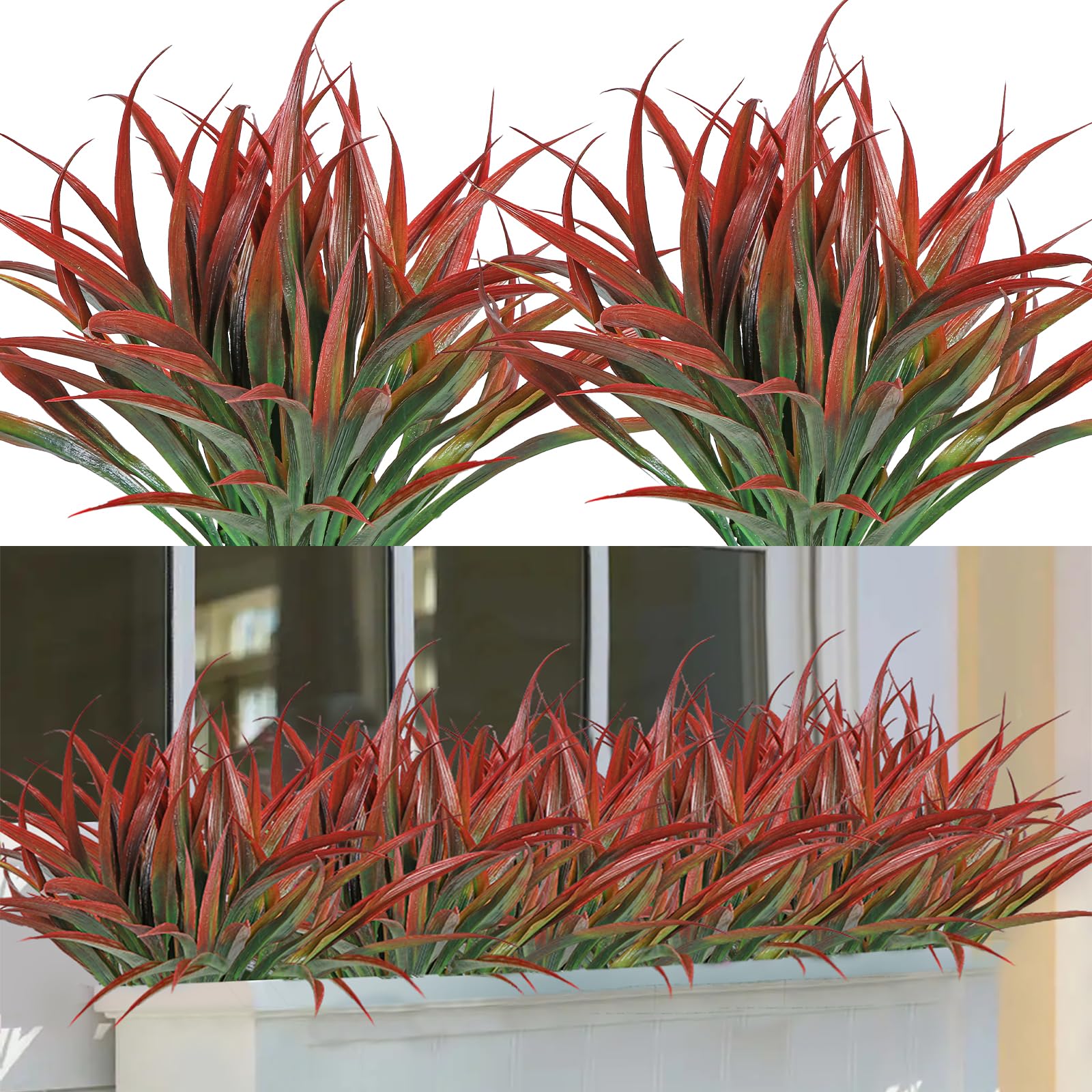 Dremisland 6PCS Artificial Plants Grass Outdoor 16 in Red Fake Plants Indoor UV Resistant Artificial Grass Greenery Stems Faux Bushes Shrub Plants for Home Garden Patio Planter Decor