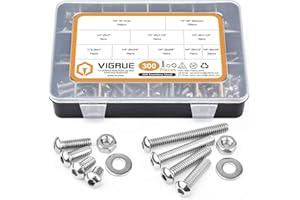 1/4-20 Hex Button Head Cap Screw, VIGRUE 300pcs 304 Stainless Steel UNC Hexagon Bolts Flat Washers Nuts Assortment Kit Machine Screws Set, 8 Sizes (Length from 3/8" to 2")
