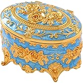 Qsabv Vintage Jewelry Box, Gold Oval Treasure Ring Box, Metal Trinket Organizer Keepsake Box Gift for Girl Women, Light Blue