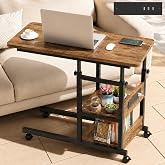 Rolling C Shaped End Table with Charging Station for Couch, Height Adjust | 25.2"-31.8" Adjustable Height, 2 AC &amp; 3 USB Ports, 4 Lockable Wheels, 0.59" Top Round Corner, Slide Under Bed, Rustic Brown