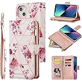 UEEBAI Wallet Case for iPhone 15, PU Leather Case Magnetic Closure Handbag Zipper Pocket Case Kickstand Card Slots with Hand Strap Marple Flip Case for Women - Pink Flower