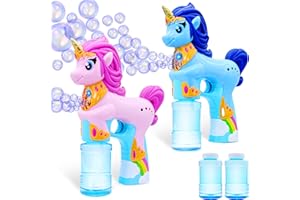 JOYIN 2 Pcs Automatic Unicorn Bubble Gun for Kids with 4oz Bubble Solution, Toddler Bubble Maker, Bubble Machine for Kids, Outdoor Toys, Party Favors, Kids Party Games, Birthday Gifts (Pink+Blue)