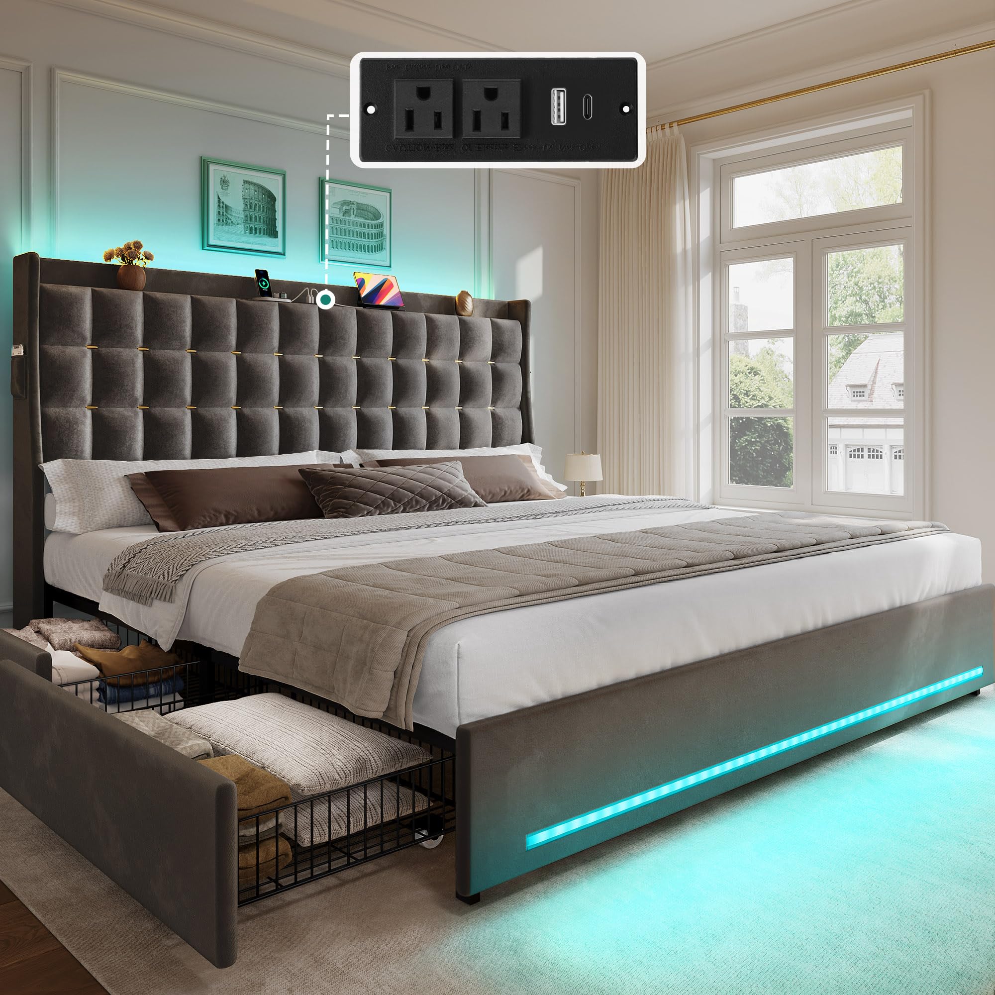 Photo 1 of YITAHOME King Size Bed Frame with 4 Drawers and RGB LED Lights, Velvet Upholstered Platform Bed with Charging Station and Storage Headboard, No Box Spring Needed, Easy Assembly, Noise-Free, Grey