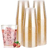 Goodluck 10 oz 50 PCS Gold Glitter Plastic Cups, Disposable Glitter Cups, Elegant Plastic Cocktail Glasses, Fancy Party Cups for Wedding, Birthday, Holiday