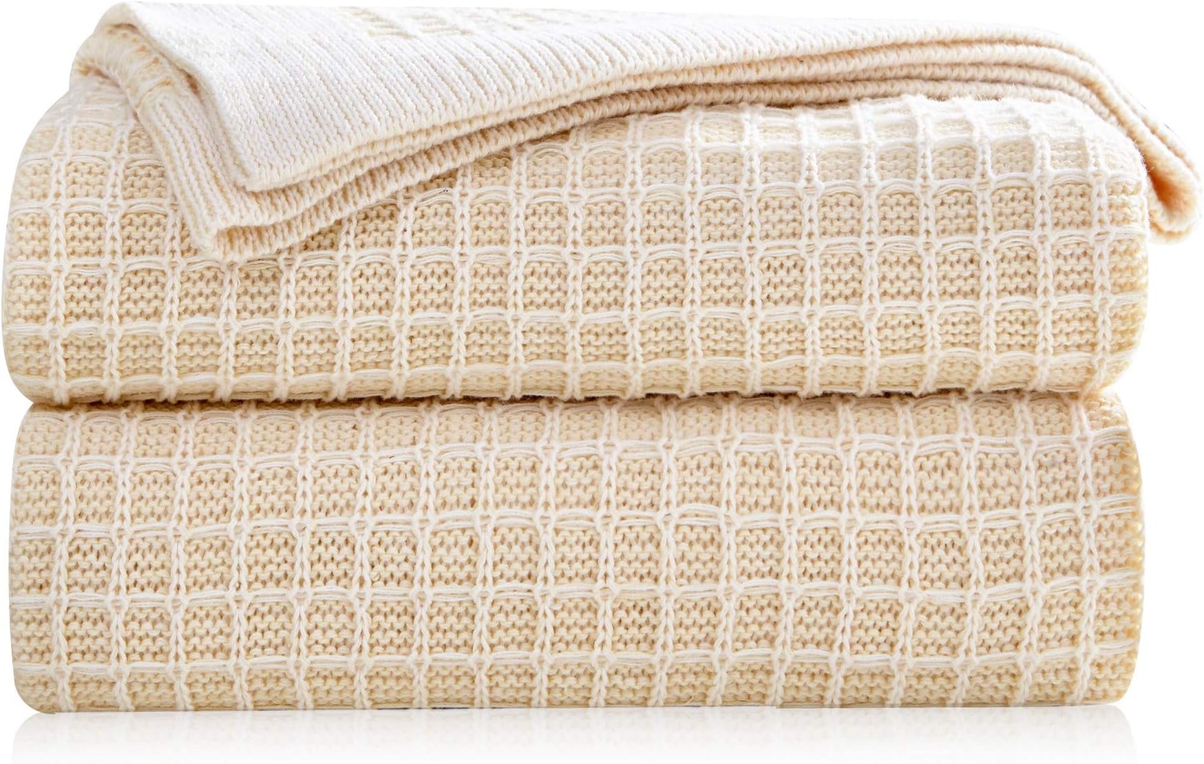 Pumpkin Town Cream 100% Cotton Cable Knit Autumn Throw Blanket in Waffle Weave for Soft Sofa, Chair, Couch, Picnic, Camping, Beach, Home Decorative Knitted Blanket, 50"x 60"