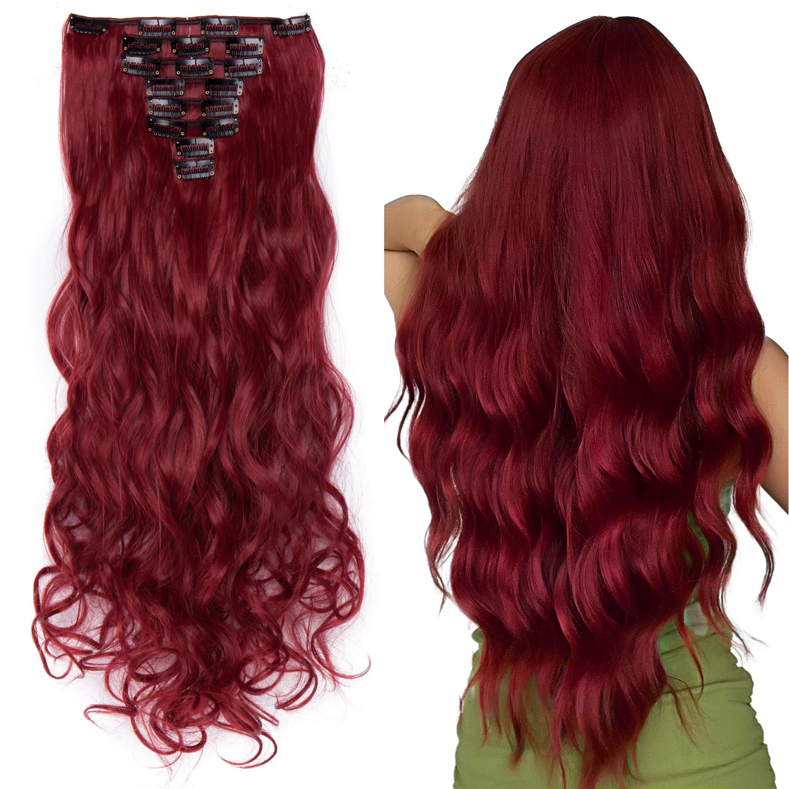 Silk-co Clip in Hair Extensions 24 inch Maroon&Dark Red 100% Synthetic Hairpiece Extension 8pcs Long Curly Wavy Hair Pieces For Full Head — image 1