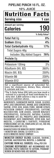 MONSTER ENERGY JUICE PIPELINE PUNCH, ENERGY DRINK, 16 OUNCE
