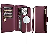 Antsturdy Compatible with Magsafe Magnetic 2 in 1 Detachable iPhone 16 Pro Wallet Case with Credit Card Holder Slots,PU Leather RFID Blocking Phone Cover Wrist Strap Zipper Women Men,Wine Red