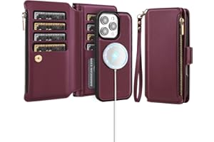 Antsturdy Compatible with Magsafe Magnetic 2 in 1 Detachable iPhone 16 Pro Max Wallet Case with Credit Card Holder Slots,PU Leather RFID Blocking Phone Cover Wrist Strap Zipper Women Men,Wine Red