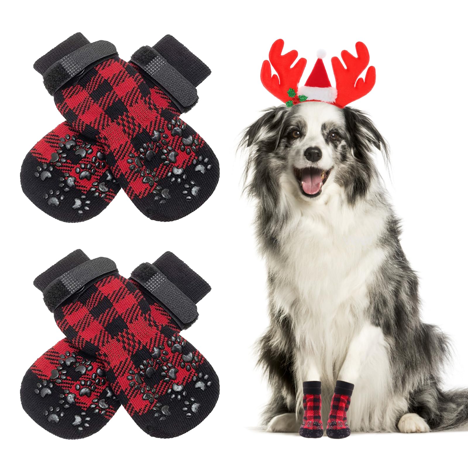 NeuWook Anti Slip Dog Socks 2 Pairs, Christmas Dog Socks with Straps Traction Control for Indoor on Hardwood Floor Wear, Pet Paw Protector for Small Medium Large Dogs (S)