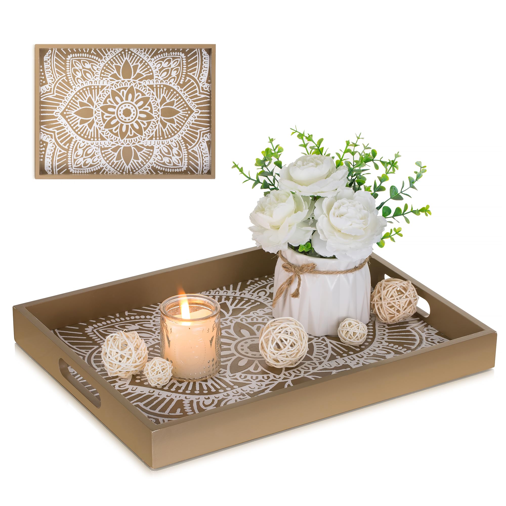 Hanobe Serving Tray Decorative Wooden: Coffee Table Tray with Handles Boho Decor for Centerpiece - Rectangular Rustic Ottoman Platters Brown for Living Room Countertop