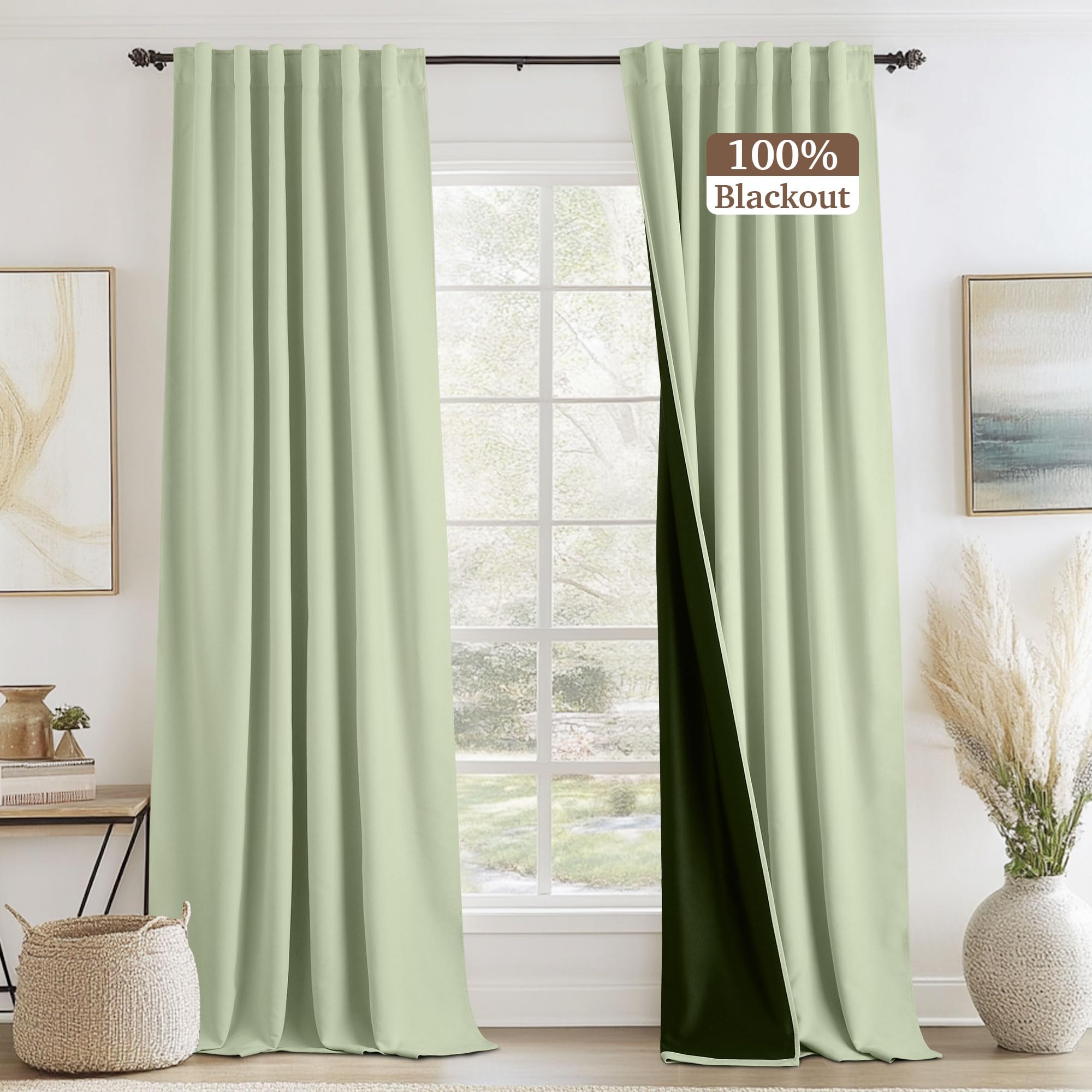 RYB HOME Sage Green Chenille Velvet Curtains 96 inches for Bedroom Living Room Office, 100% Light Blocking Thermal Insulated Soundproof Window Curtains & Drapes with Back Tab, W52 x L96, 2 Panels Image