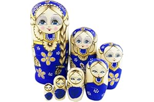 WINTERWORM Set of 7 Blue Cute Little Girl with Big Braid Handmade Matryoshka Dolls Russian Nesting Dolls Wooden Kids Gifts Toy Gift Christmas Birthday New Year Present Home Decoration