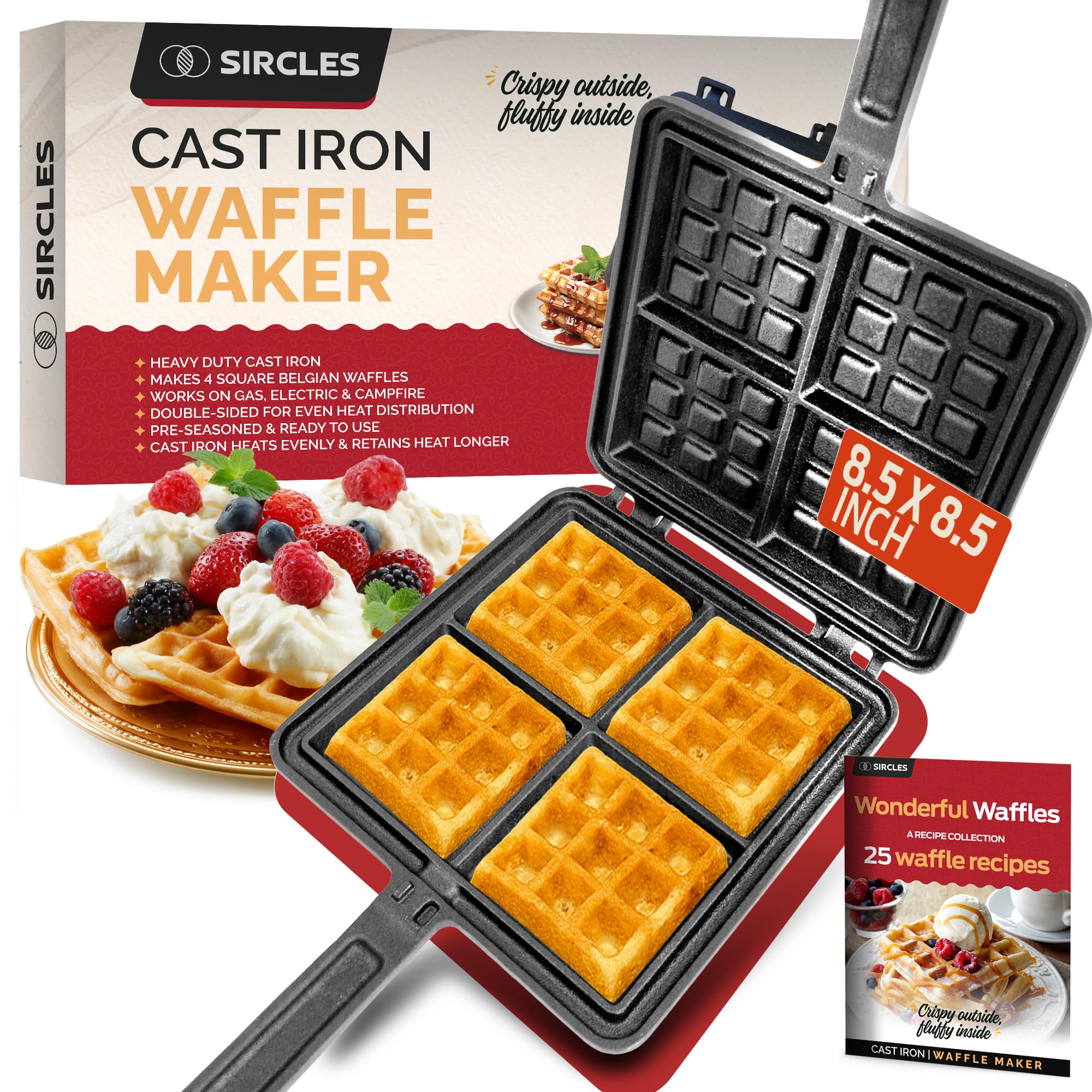 Photo 1 of Sircles Cast Iron Waffle Maker - Makes 4 Square Belgian Waffles - Non Electric - Heavy Duty - Belgian Waffle Maker - 8.5 inch Square Waffles - E-book recipes