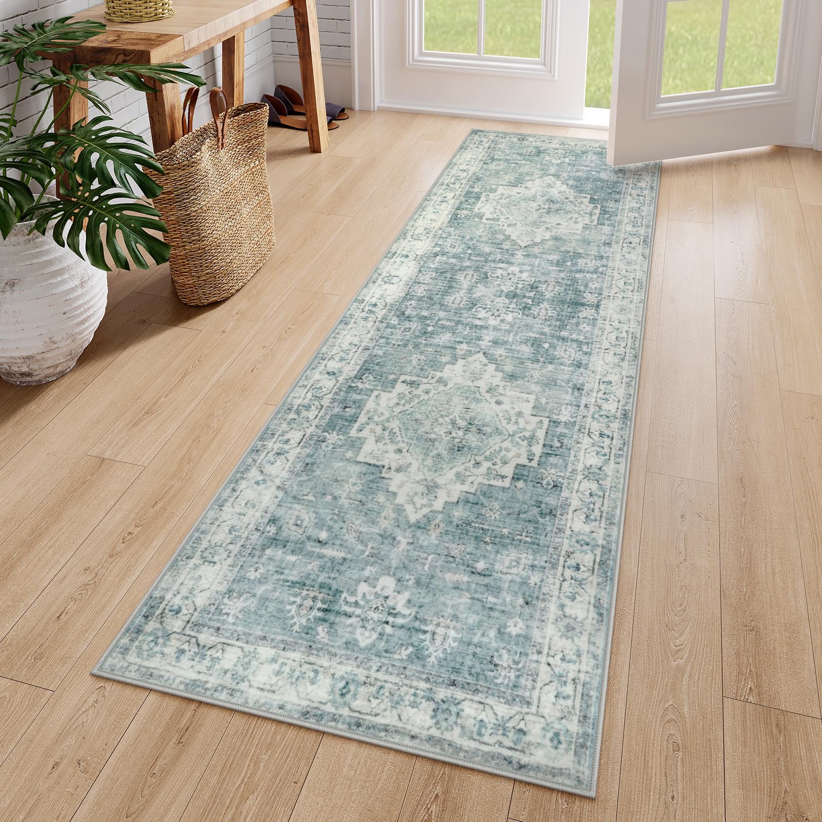 Photo 1 of LIVEBOX Washable 2x6 Runner Rug for Bathroom, Non Slip Kitchen Mats for Floor Entryway, Boho Indoor Front Door Mat Low-Pile Runners for Hallways, Farmhouse Rugs for Bath Laundry, Blue