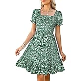 Lyrur Women's Short Sleeve Summer Dresses 2026 Spring Casual Square Neck Easter Dress A-Line Tiered Sundress with Pockets