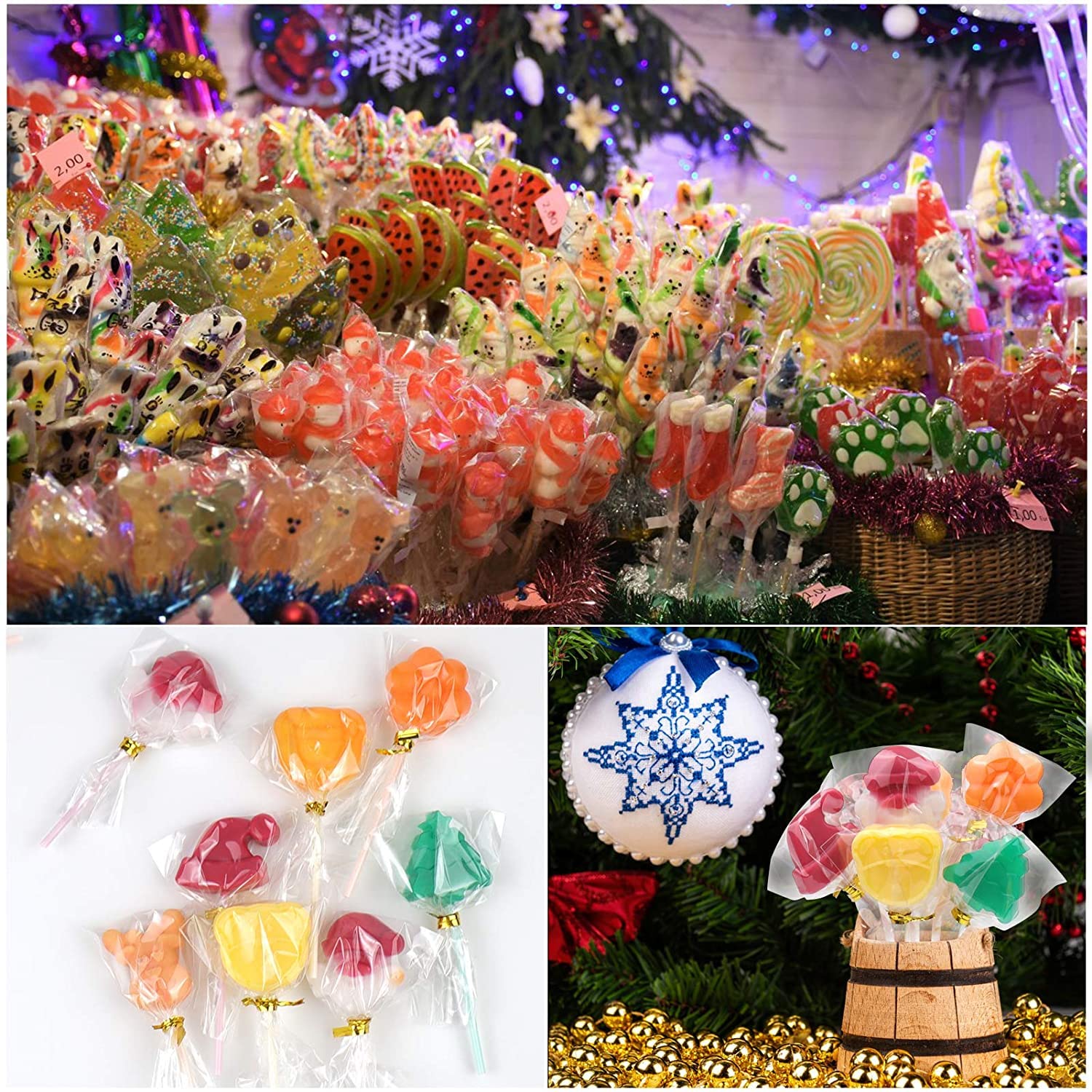 2Pcs Christmas Candy Molds Silicone Lollipop Molds Chocolate Lollypop Sucker Mold elk Santa Claus Christmas tree Reusable Food Grade Silicone Molds for Halloween Christmas Parties（Pink Green）