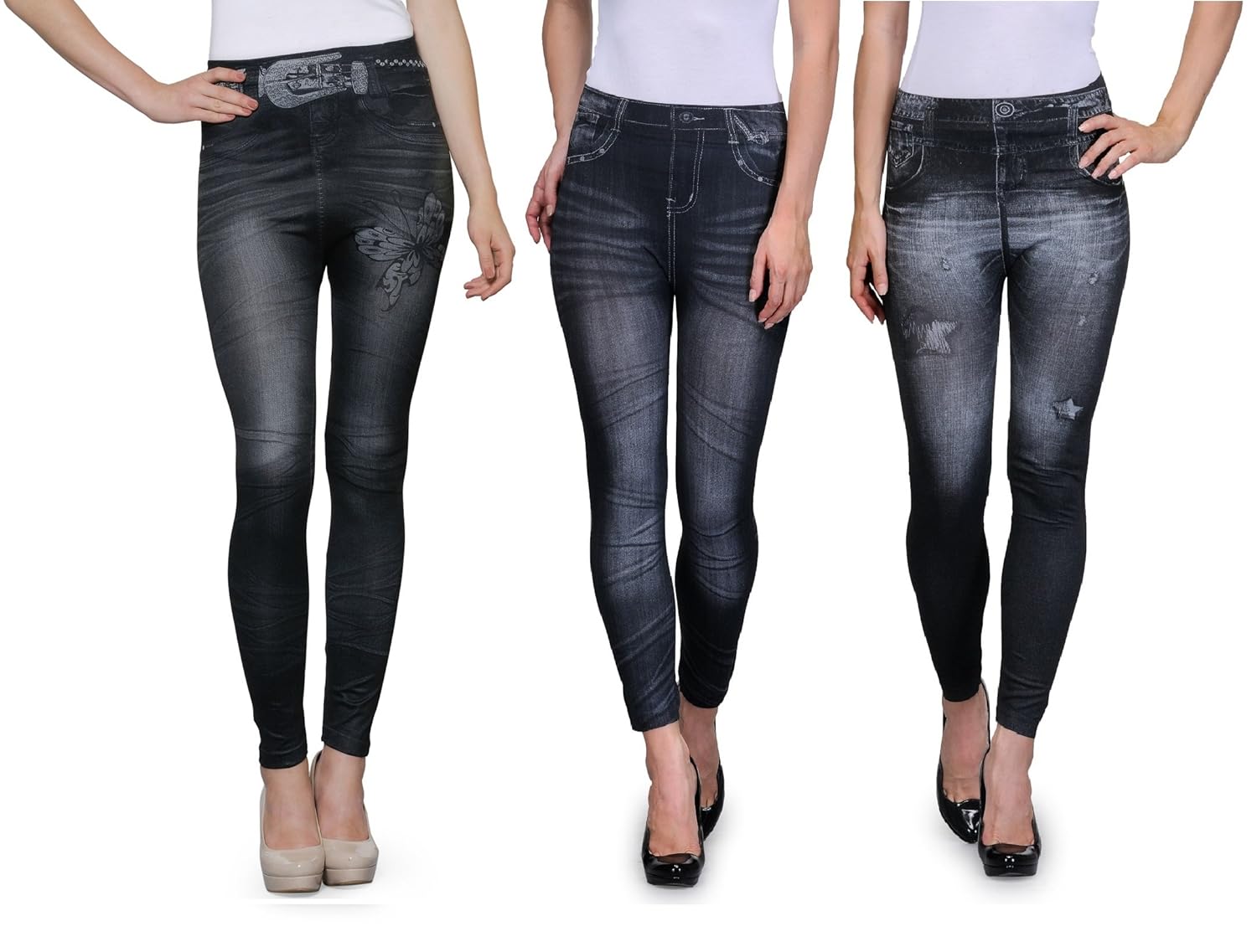 oleva women's multicolor pack of 3 denim look jegging