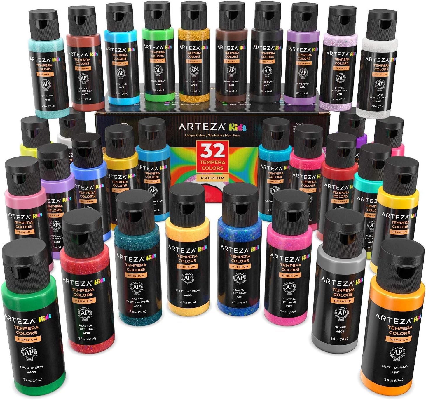 Arteza Tempera Washable Paint for Kids, Set of 32, 2.03oz/60ml Bottles, Poster Paint for Craft Projects, Sponge Painting & Finger Painting, Includes Neon, Glitter & Glow-in-The-Dark: Home Improvement