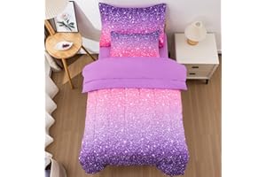 JQinHome Toddler Bedding Sets for Girls,5 Piece Bed in A Bag 3D Pink Purple Comforter Set with 2 Pillowcases,1 Flat Sheet,1 Fitted Sheet(Pink Purple,Toddler Size 42" x 57")