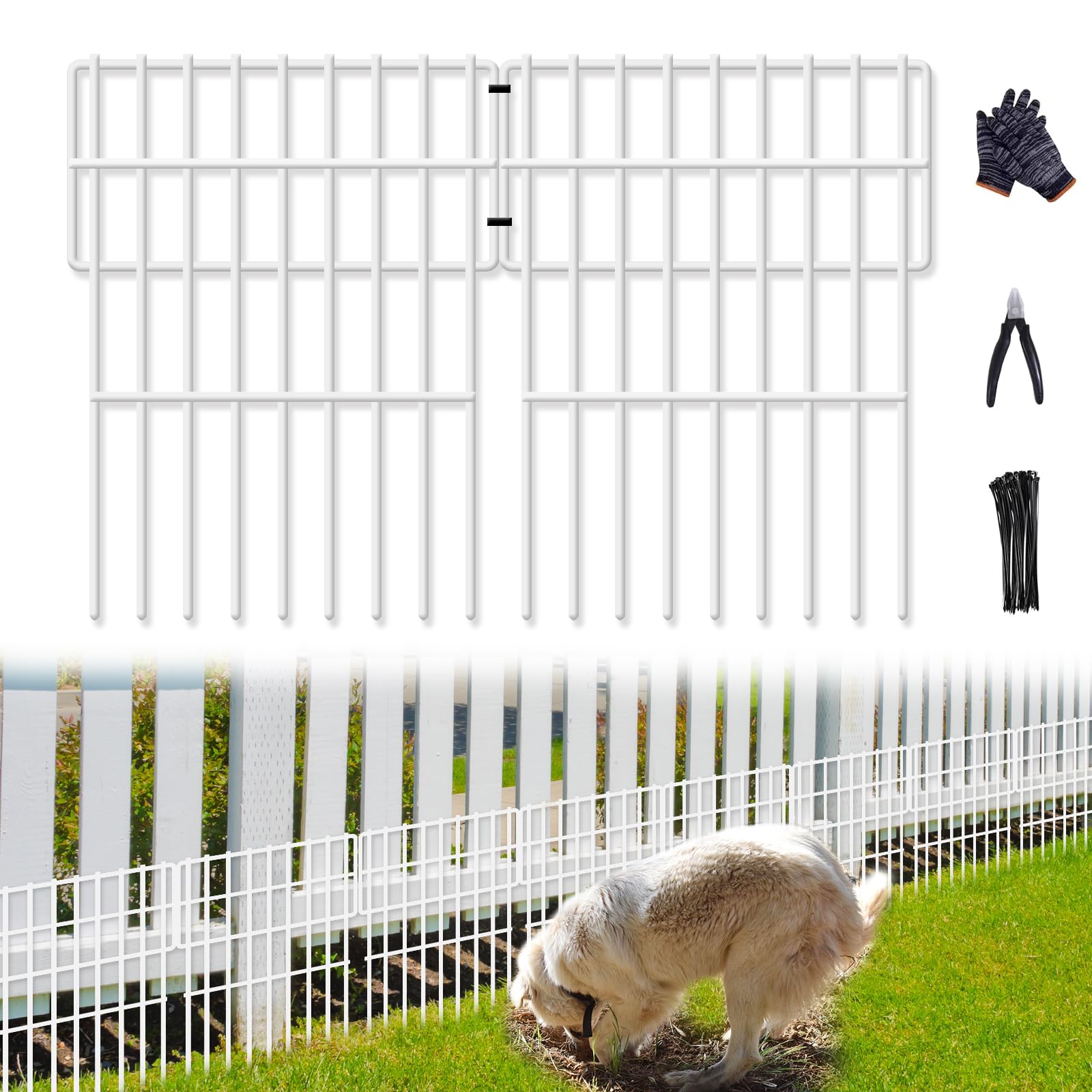 Photo 1 of 26 Panels No Dig Fence, 28ft(L) x 17in(H) Dog Digging Fencing Barrier, 1.2in Gap Animal Barrier for Bottom of Fence, Rustproof Metal Garden Edging Border Ground Defense for Outdoor Patio, White