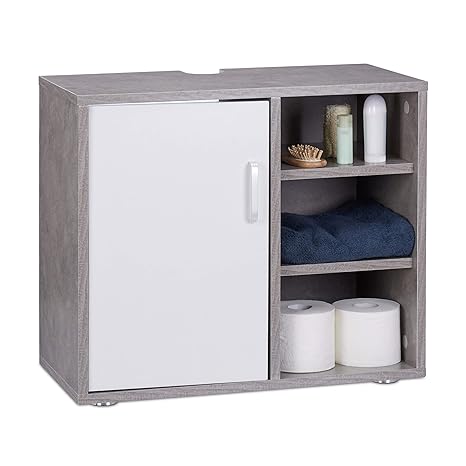 Relaxdays Waschbeckenunterschrank, eintürig, Badschrank, Aussparung, 3 Ablagen, Unterstellschrank 51x60x32cm, Betonoptik, MDF