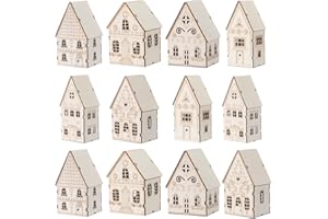 Hiboom 12 Pcs DIY Christmas Village Sets Wood Peaked Roof Houses Christmas Mini Wooden House Gift for Winter Xmas Party Decorations