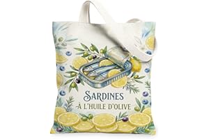 Sardines Canvas Tote Bag for Women, Summer Botanical Lemon Olives Summer Yellow Washable Reusable Shopping Bags Ideas for Sho