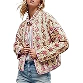 Yimoon Women's Cropped Puffer Quilted Jacket Vintage Floral Print Open Front Lightweight Short Jacket Outerwear