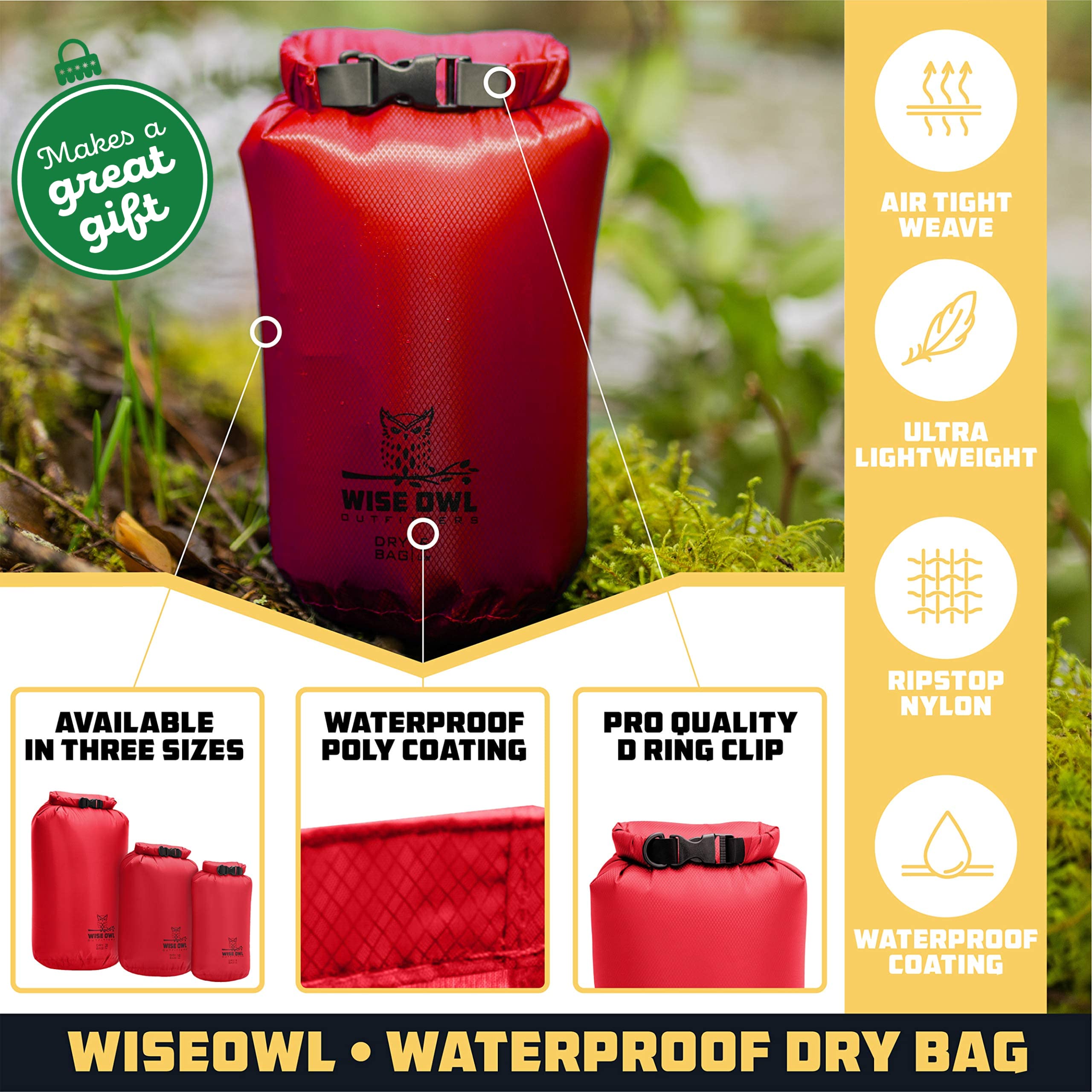 Carrier Bag Case, Waterproof Dry Bag - Ultra Durable 1pk or 3pk Airtight Bags - 5L, 10L, 20L Sizes - Diamond Ripstop Roll Top