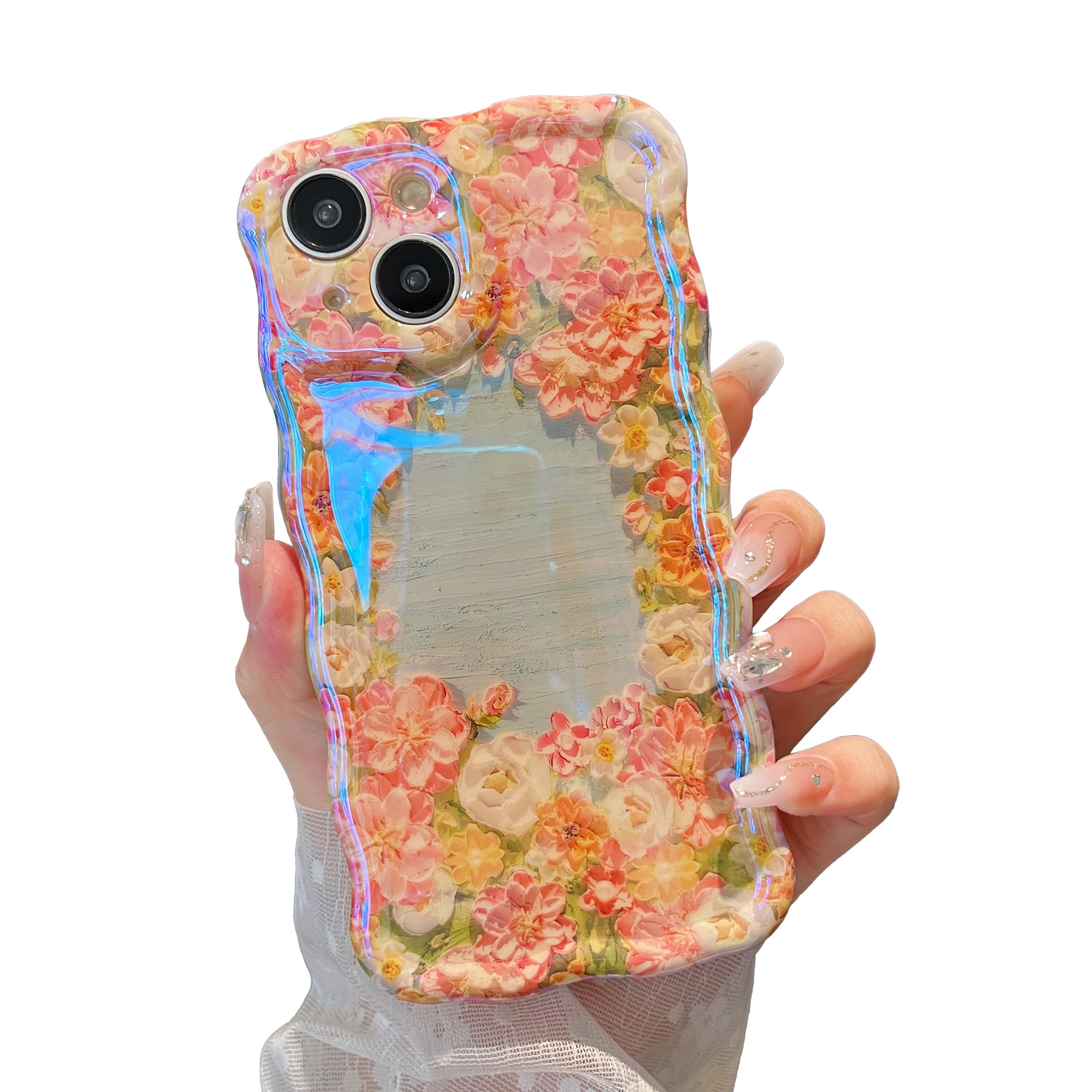 XIZYO Colorful Retro Oil Painting Flower Case for iPhone 14 Plus/15 Plus, Curly Wave Laser Glossy Cute Floral Aesthetic Phone Case, Girls Women Slim Soft TPU Shockproof Cover, Wreath/Blue — image 1