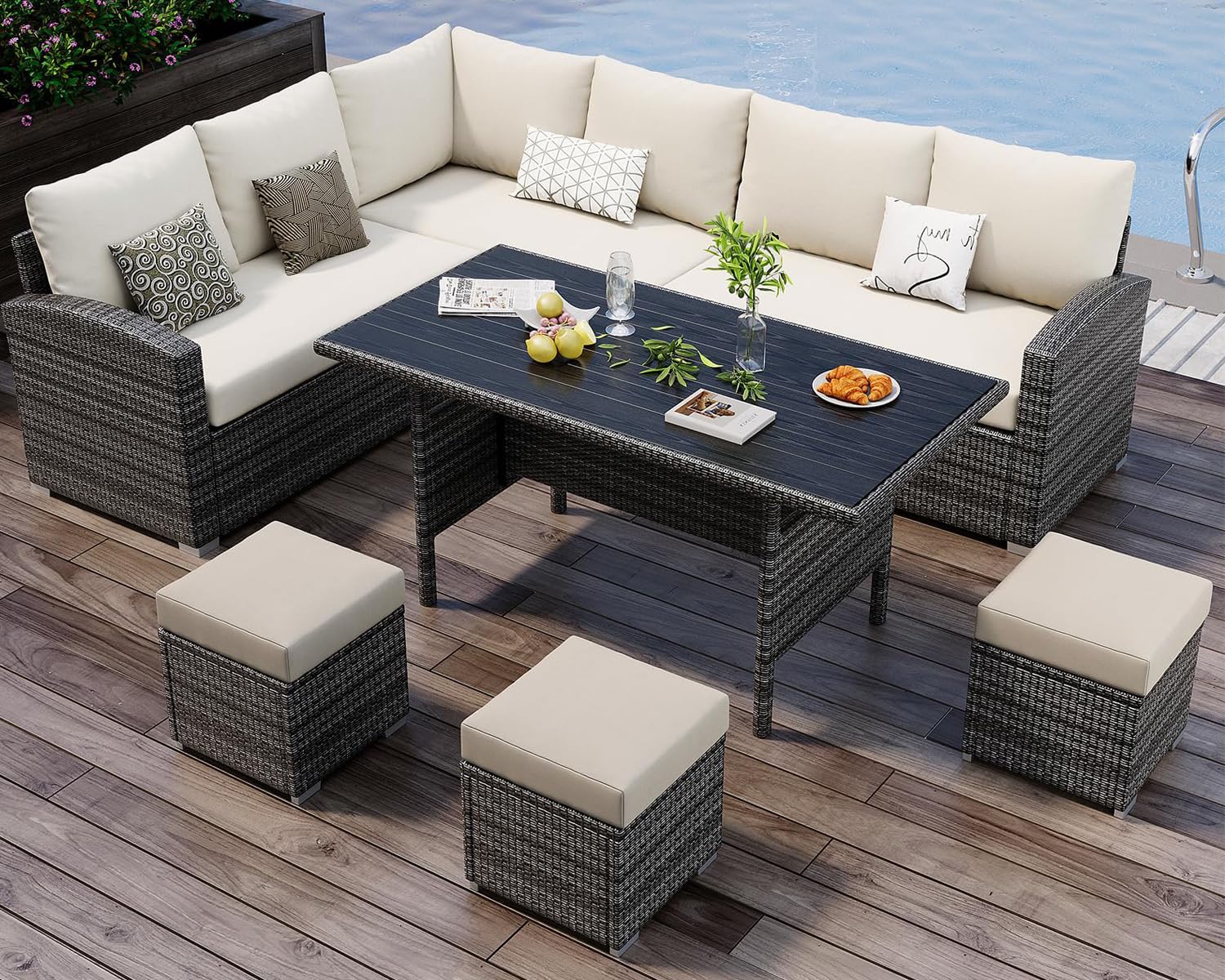 Photo 1 of ***3 BOXES, BOX #1, #2, #3 SOLD AS SET***MISSING HARDWARE*** 
 7 Pieces Patio Furniture Sets, Outdoor Wicker Conversation Sets with Plastic Wooden Table and 3 Ottoman, Modern Rattan Patio Chairs Conversation Sets for Garden, Balconies, Poolside (Grey/Beig