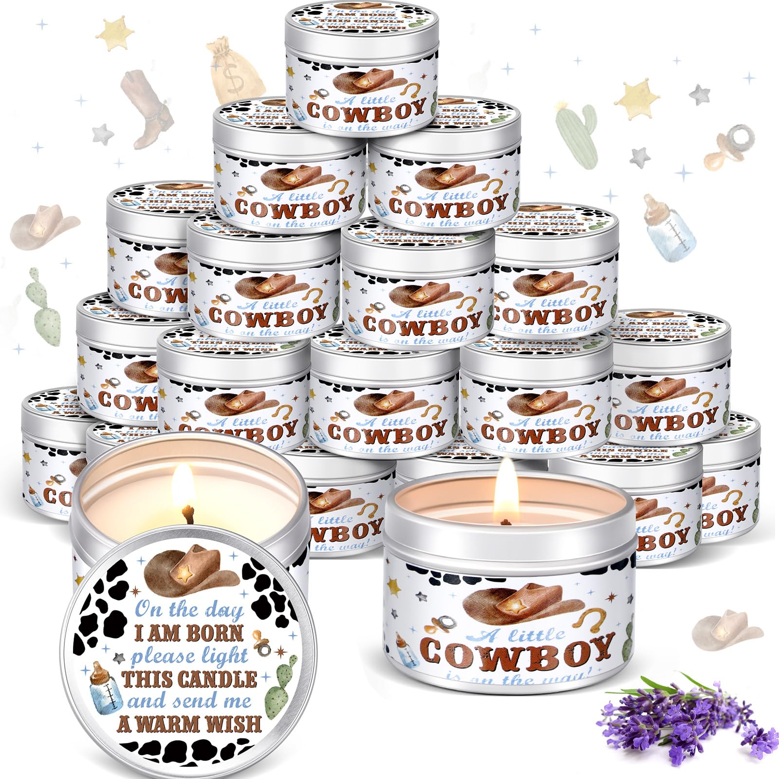 Photo 1 of MTLEE 24 Pcs Cowboy Baby Shower Party Favors Candles Lavender Scented Baby Shower Favors for Guests Rustic Tealights Candles Gender Reveal Return Gifts Girl Boy(1.2 Oz, White)